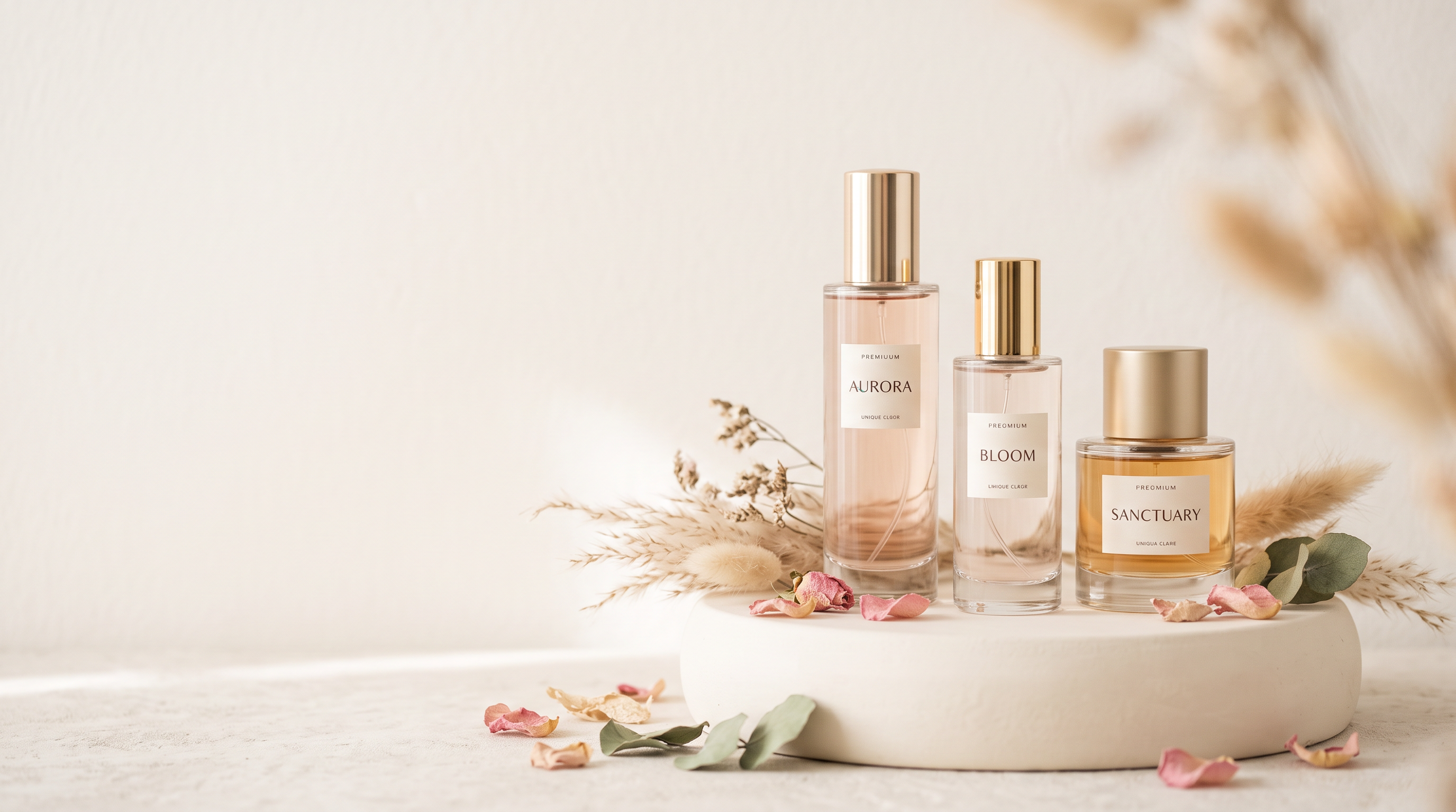 Three EdgeScents fragrance bottles styled with dried florals in soft blush and sage tones