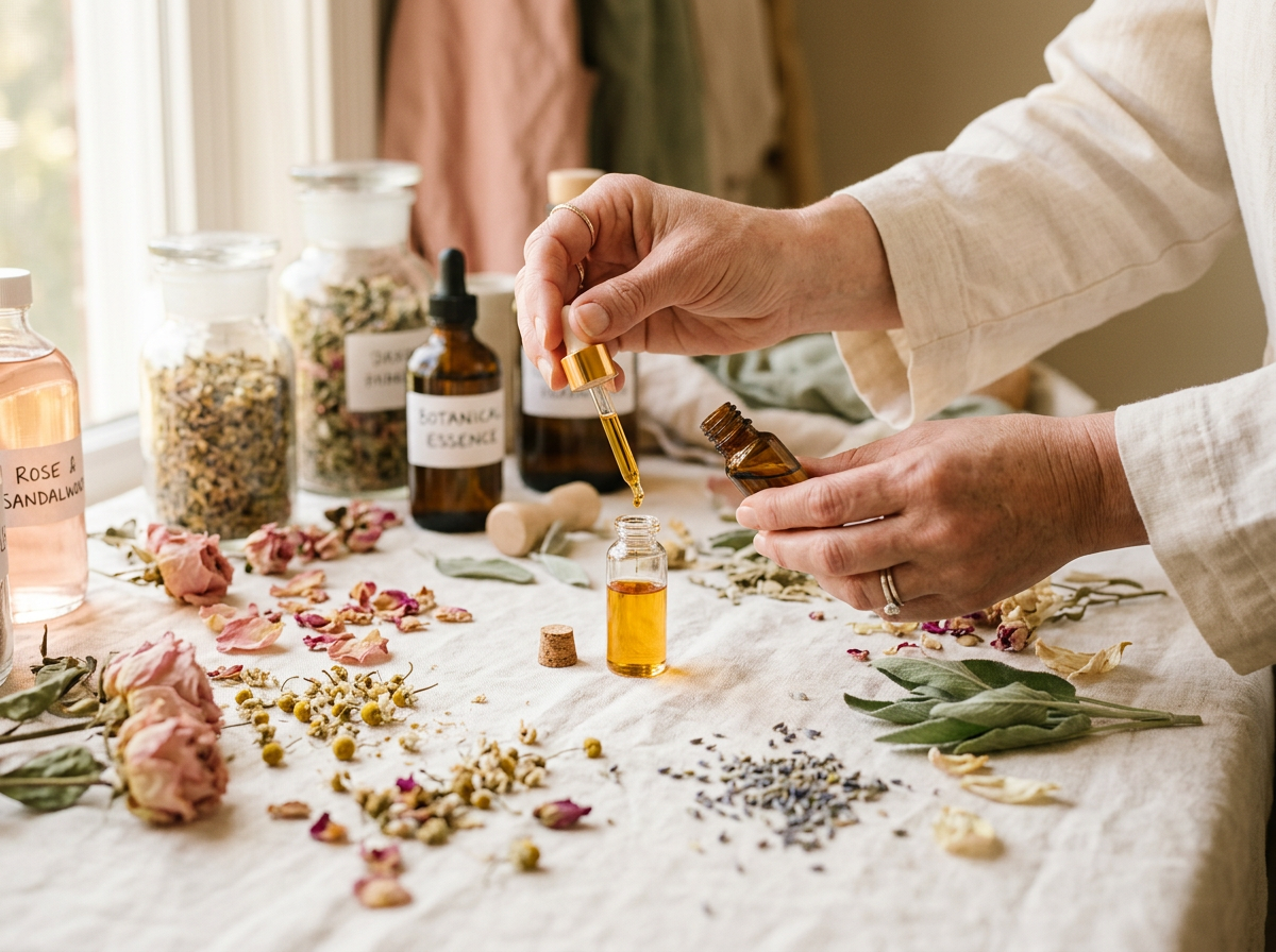 Artisan hands blending fragrance oils with botanical ingredients